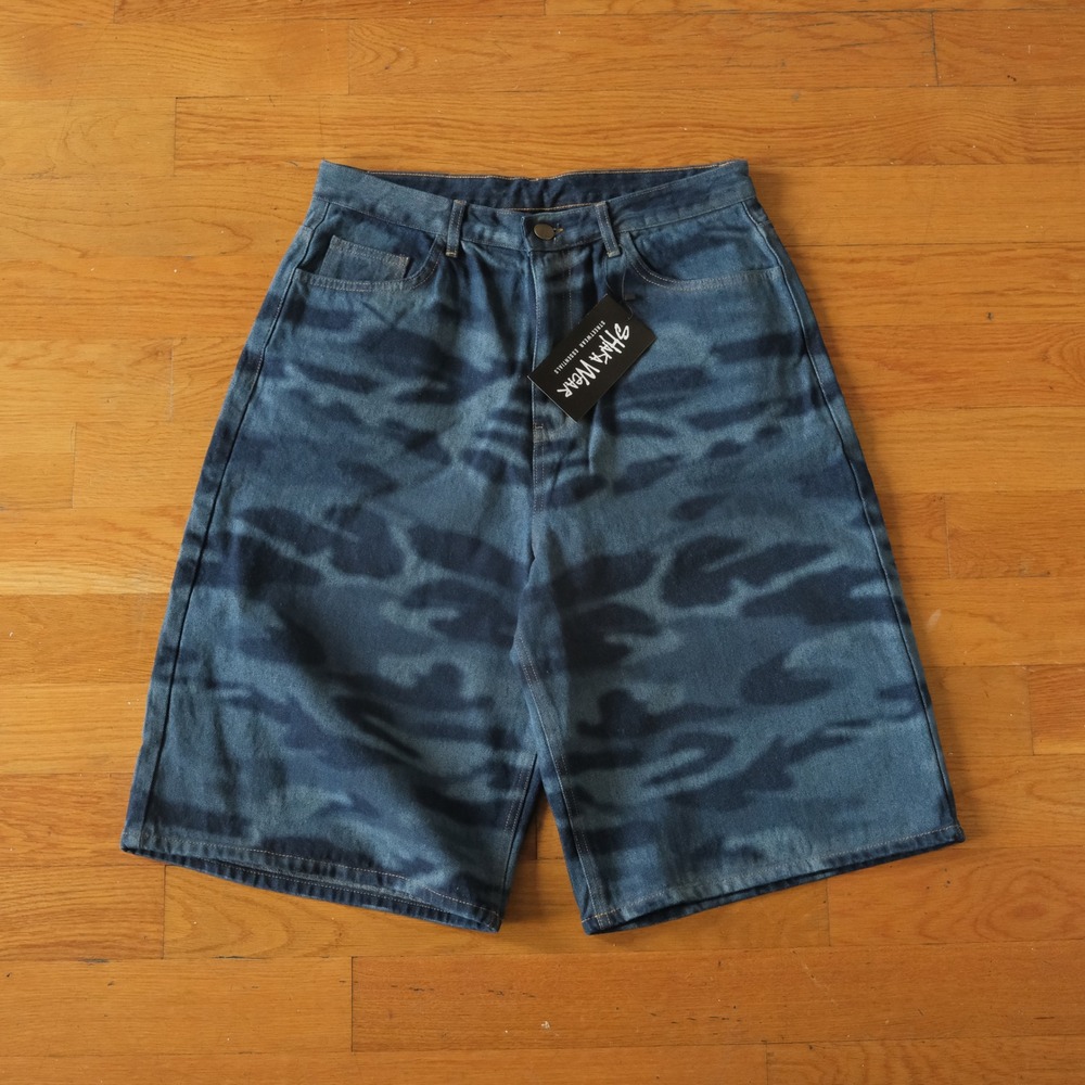 Shaka Wear Lasered Camo Denim Shorts Mens Blue Streetwear Baggy Size 32 New